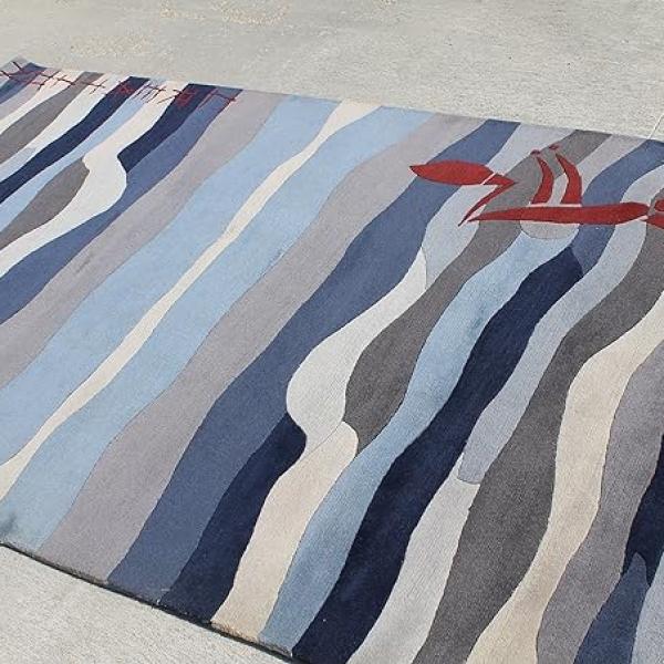 thamelmartUSA R17692 Gorgeous Bold Stripped Blue Colored Hand Made Tibetan Woolen Area Rug 5 Feet X 8 Feet Made in Nepal