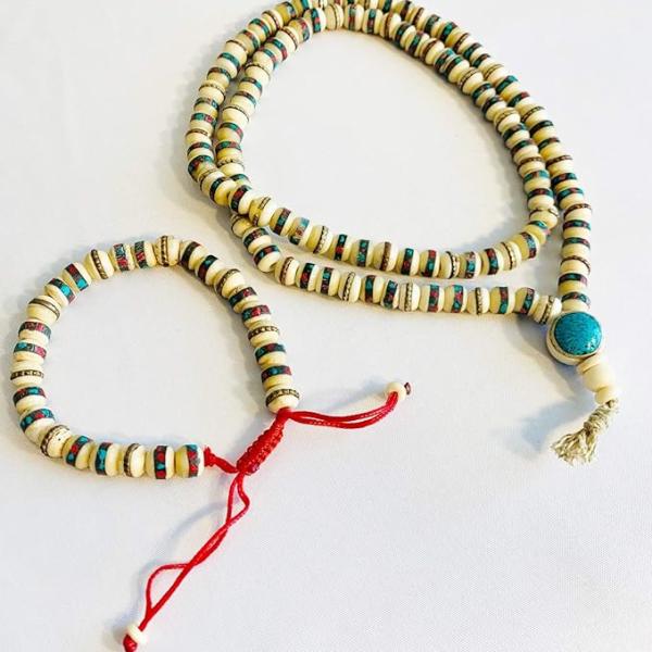 F689 Handmade Tibetan Bone Skull Beads 108 Japa Mala for Meditation, Yoga 9mm Beads Made in Nepal