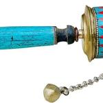 Buddhist Coper & Stone Set Hand-held Prayer Wheel - 8.5 Inch with Authentic Wooden Handle