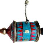 Buddhist Coper & Stone Set Hand-held Prayer Wheel - 8.5 Inch with Authentic Wooden Handle