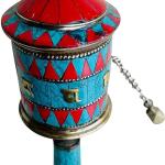 Buddhist Coper & Stone Set Hand-held Prayer Wheel - 8.5 Inch with Authentic Wooden Handle