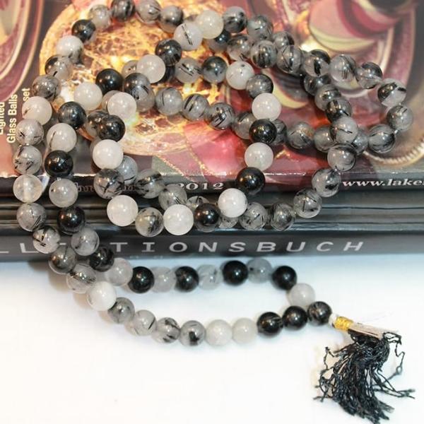 F682 Handmade Tibetan Black Rainbow Glass Beads 108 Japa Mala for Meditation, Yoga 8mm Beads