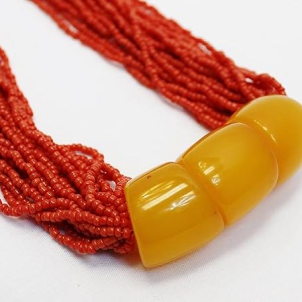 F669 Ethnic Red Glass Beads with Huge Amber Ball Tibetan Gypsy Necklace Hand Crafted in Nepal