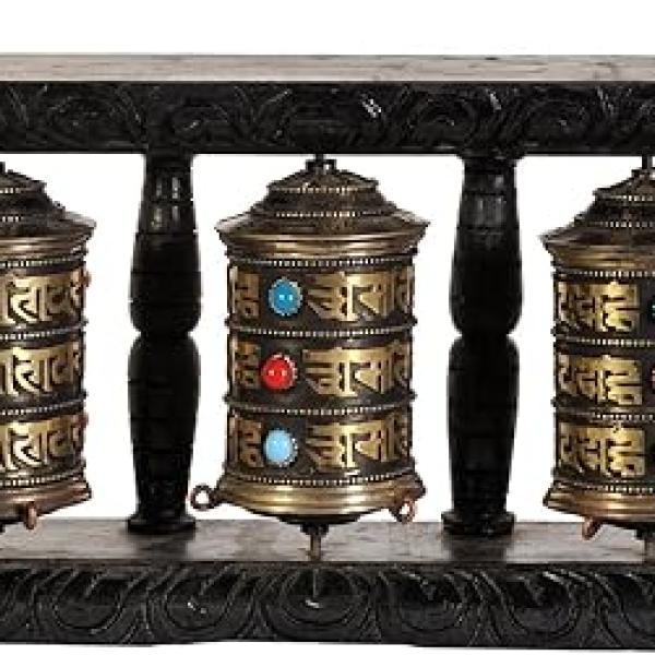 Five Prayer Wheels Enshrined in One Stand (Wall Hanging) -Tibetan Buddhist - Wood, Copper and Brass