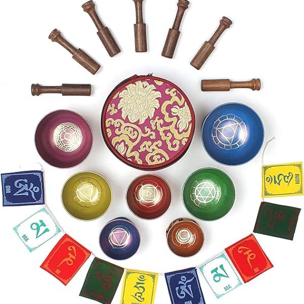 Tibetan Singing Bowl Set of 7, Chakra Colors Decor Himalayan Singing Bowl