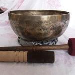 NHH 9" Mantra Carved Third Chakra Tibetan Meditation Singing Bowl, Hand Hammered Yoga Singing Bowls with Cushion & Mallet Striker