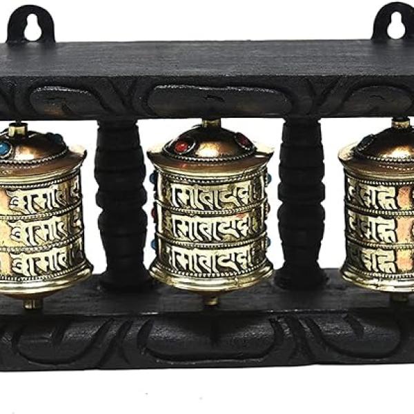 Tibetan Om Mani Padme Hum Hand Held Wall Hanging Prayer Wheel - Brass and Wood Hand Crafted in Nepal