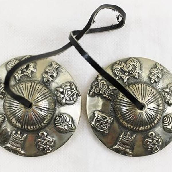 F663 Auspicious Symbol Tibetan Tingsha~cymbals- 3" Hand Crafted in Nepal