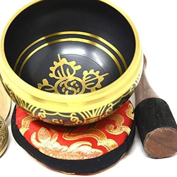 4 Inch Meditation Om Mani Padme Hum Peace Wooden Striker, Om Tingsha" & Cushion